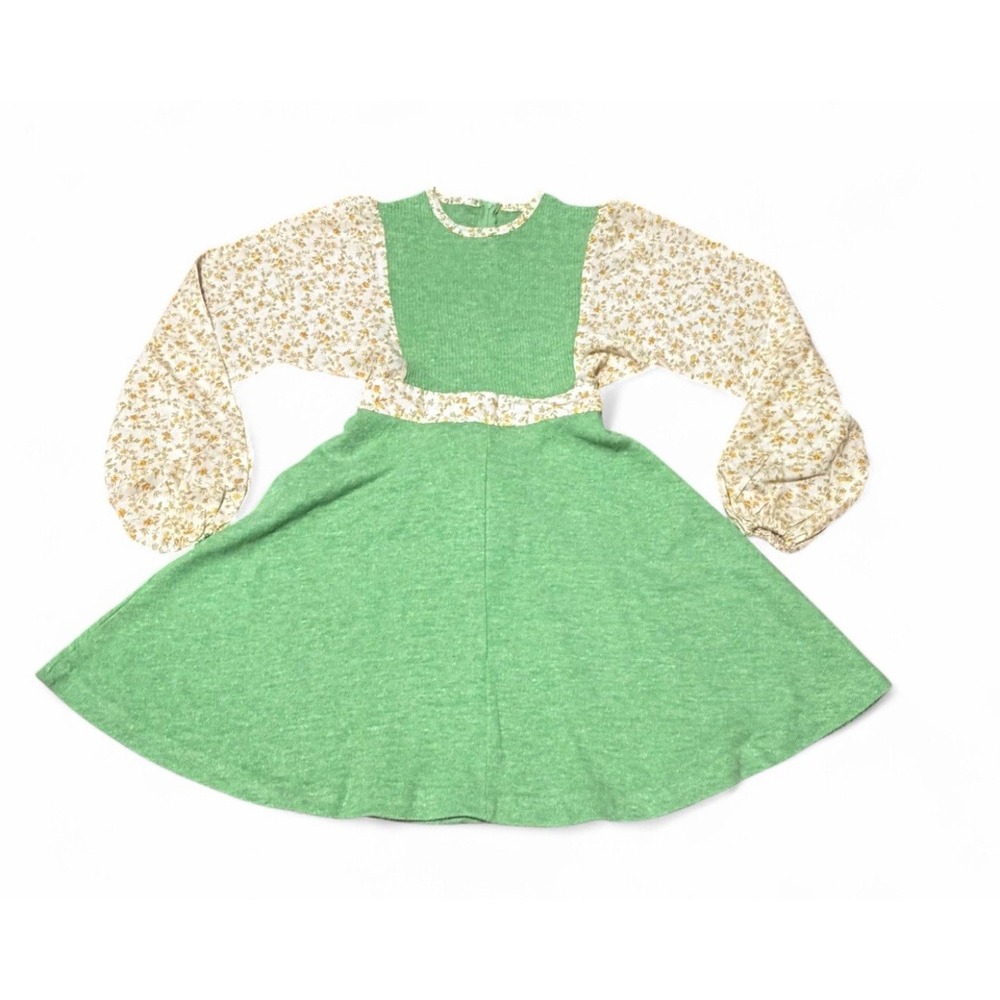 Vintage 70's Peggy Barker Green Floral Prairie Dress Cottagecore Puff Sleeve